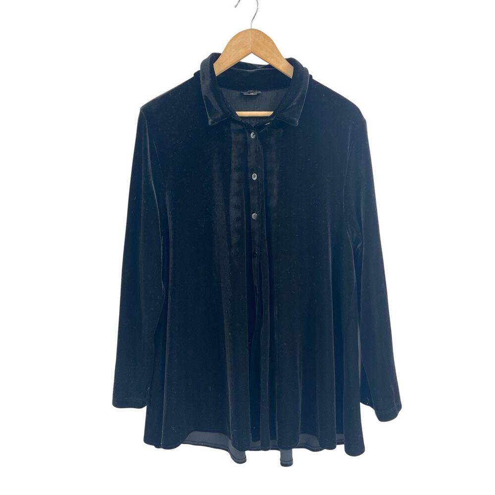 Staples Black Velvet Long Sleeve Button Down Blouse Large Lagenlook